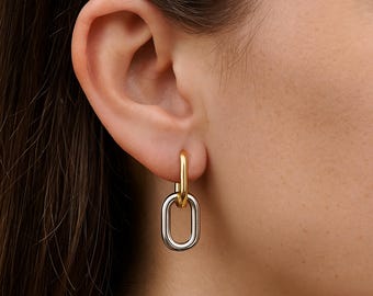 Geometric Link Hoop Earrings, 14K Gold Plated Huggie Dangle Jewelry