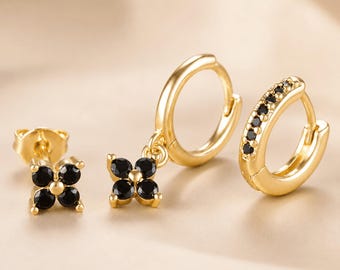 CZ Flower Hoop Set, Flower Huggie Hoop Earring Set, Black crystal Flower Earrings
