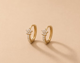 Flower Cz Earrings, Crystal Huggie Hoops, Stainless Steel Earrings, Pave CZ Hoop Earrings,Helix Jewelry