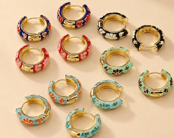 Floral Enamel Hoop Earrings, Flower Huggie Earrings, Chunky Hoop Earrings, Summer Jewelry
