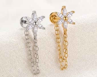 フラワーCZピアス、スターリングシルバースタッドピアス、スレッドレスヘリックスチェーンピアス、フラットバック軟骨ピアス、ぶら下がり鼻ピアス