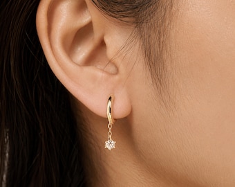 18k Gold Earrings, Sterling Silver Huggie Earrings, Teardrop Hoop Earrings, Crystal Drop Earrings