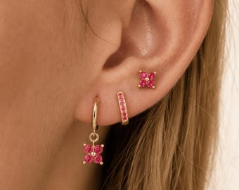 Ear Stack Earrings, Hoop Drop Earring, Flower Stud and Huggie Hoops