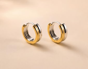 Sterling Silver Double Hoop Earring, Two Tone Hoop Earrings, Small Huggie Hoops, Layered Hoop Earrings