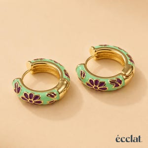 Gold Enamel Hoop Earrings, Floral Huggie Hoops, Dainty Colorful Earrings