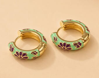 Gold Enamel Hoop Earrings, Floral Huggie Hoops, Dainty Colorful Earrings