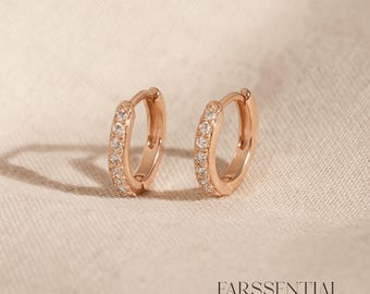 Stainless Steel Earrings, Rose Gold Hoop Earrings, Crystal CZ Earrings, Dainty Huggie Hoops, Pave CZ Hoop Earrings
