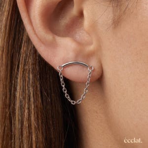 Titanium dangle Chain Earring, Curved Bar Chain Earring, Chain Helix Earring, Flat Back Stud