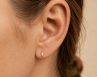 18k Gold Marquise Earrings, Tiny Marquise Stud Earrings, CZ Dainty Earrings, Screw Back Earrings