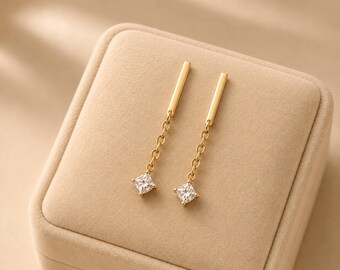 Long Chain Stud Earrings, Crystal Drop Earrings, Gold Dangle Earrings