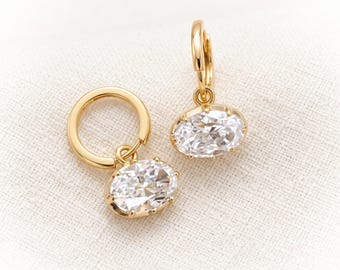 Solitaire Huggie Hoops, Oval CZ Drop Earrings, Sparkling Dangle Earrings, Diamond Drop Earring, Dainty Bridal Jewelry, Gift for Her