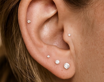 18G Threadless Gold Stud Earrings, Cubic Zirconia Stud Earrings, Tiny Tragus Stud, Flat Back Stud Earrings, Dainty CZ Studs, 1.5mm, 2mm, 3mm