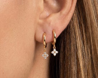 Sterling Silver Hoop, Pave Crystal Hoop Earrings, Flower Crystal Drop Earrings, Gold Huggie Hoops with Flower Pendant