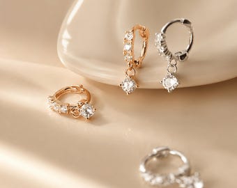 Diamond Drop Earrings, Crystal Drop Earrings, Rose Gold Huggie Hoops, Sterling Silver Earrings