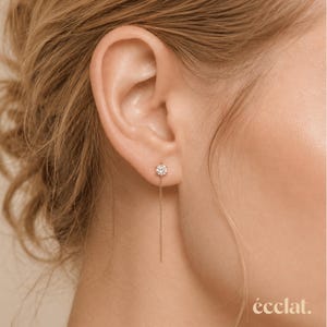Peut inclure: Gros plan sur l'oreille d'une femme ornée d'une boucle d'oreille en or. La boucle d'oreille présente une petite pierre précieuse scintillante au lobe, avec une fine chaîne et une barre en or pendantes. Le mot "éclat" est imprimé en bas à droite.