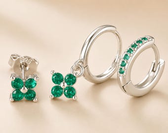 Clover Hoop Earring Set, Emerald Earrings Set, Silver Zirconia Hoops