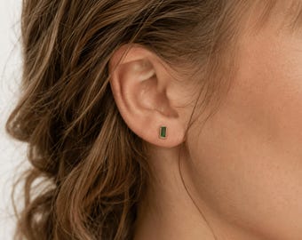 14k Gold Baguette Earrings, Gemstone Stud Earrings, Birthstone Stud Earrings