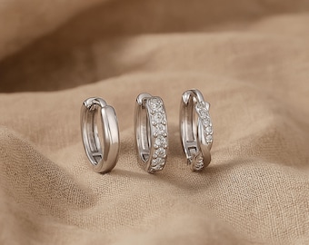 Stainless Steel Hoop Earring Set, 3pcs Huggie Hoop Earrings, Cubic Zirconia Earrings, Silver Huggie Earrings, Minimalist CZ Earring Set