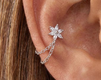 スターリングシルバーチェーンスタッド、花柄チェーンピアス、フラットバックピアススタッド、コンクチェーンレイヤードピアス