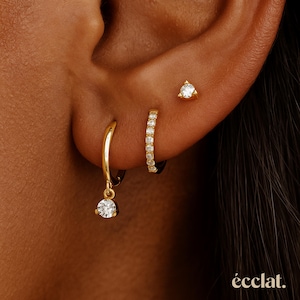Juego de aretes de aro con forma de lágrima, delicados aretes de aro con circonita, juego de 3 aretes, aretes colgantes, aretes de aro con circonita, aretes de oro de 14 k, aretes pequeños.