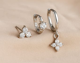 3 Pcs Earrings Set, Stainless Steel Zircon Huggie Hoop Earrings, Hoop Earring Set, Silver CZ Earrings, Minimalist Hoop Earring