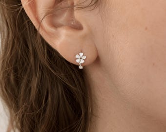 Flower Huggie Earrings, Sterling Silver Floral Earrings, Pave CZ Hoop Earrings, Mini Hoop Earrings