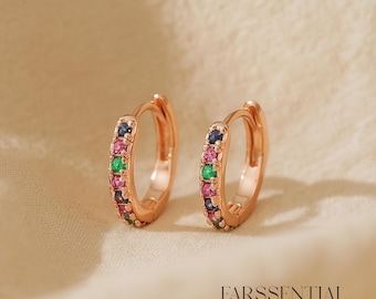 Stainless Steel Earrings, Rose Gold Huggie Hoop Earrings, Rainbow CZ Earrings, Tiny Huggie Hoops, Pave Multicolor Cubic Zircon Hoop Earrings