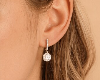 Silver Moissanite Earrings, Sterling Silver Hoop Earrings, Crystal Huggie Earrings, Moissanite Drop Earrings