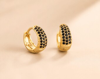 Black Crystal Earrings, Pave Hoop Earrings, Chunky Huggie Hoops