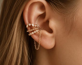 Gold Ear Cuff Set No Piercing, Crystal Cartilage Earring, Chain Earcuff Jewelry