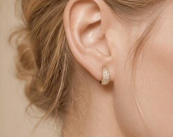925 Sterling Silver Earrings, Pave Huggie Hoops, Zircon Hoop Earring