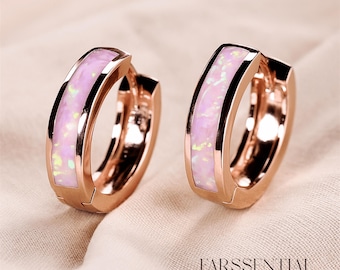 Pink Opal Hoop Earring, Rose Gold Huggie Hoop Earring, Dainty Earring Hoop, Hoop Earring with Opal Stone, Circle Hoop Small Earrings