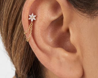 スターリングシルバー製フラワーイヤリング、ダブルチェーンイヤリング、フローラルコンクピアスジュエリー