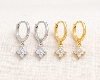 925 Sterling Silver Flower Huggie Earrings, CZ Floral Hoop Earrings, Dainty Gold Silver Earrings, Flower Drop Earrings, Gift For Her