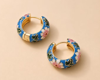 Colorful Enamel Huggies, Flower Hoop Earrings, Vintage Earring, Pave Hoop
