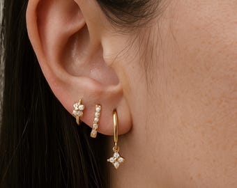 Zestaw złotych kolczyków-kółek, 3-częściowy zestaw kolczyków, minimalistyczny zestaw kolczyków do wielu piercingów, wiszące kolczyki z cyrkoniami, kolczyki-koła z cyrkonii, kolczyki