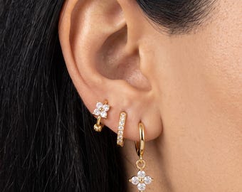 Gold Hoop Earring Set, 3 Pcs Earring Stack, Minimalist Earring Set For Multiple Piercings, CZ Dangle Earrings, Zircon Hoop Earring