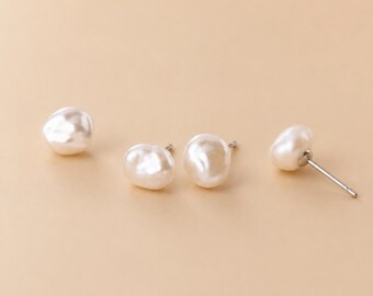 925 Sterling Silver Studs, Baroque Pearl Stud Earrings, Minimalist Bridal Jewelry