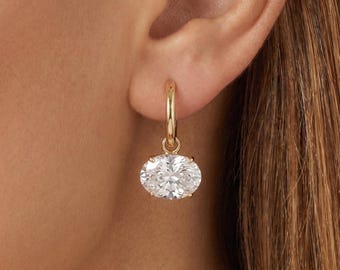 Pave Crystal Hoop Earrings, Oval Crystal Drop Earrings, Gold Huggie Hoops with Solitaire Stone