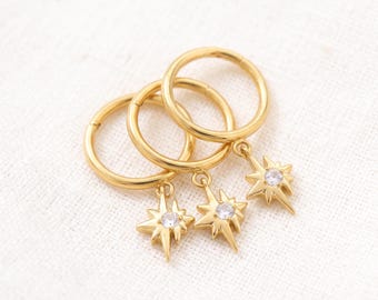 Starburst Titanium Earring, North Star Drop Earring, CZ Hoop Earring, Celestial Huggie Hoop Earring