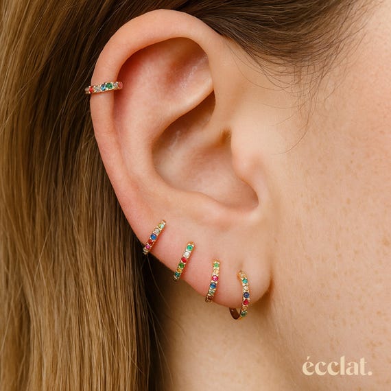 Multicolored Cubic Zirconia Earrings, Stainless Steel Hoop Earrings, Colorful Huggie Earrings, Pave CZ Hoop Earrings, Dainty Huggie Earrings