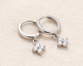 925 Silver Huggie Earrings, Flower Drop Hoops, CZ Floral Earrings, Dainty Gold Silver Hoops, Minimalist Jewelry Gift