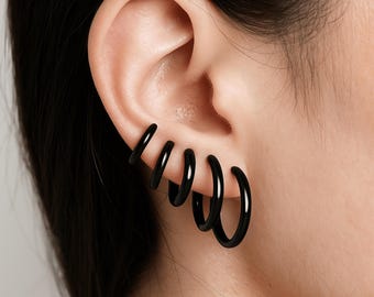Black Huggie Hoop Earrings, Minimalist Hoop Earrings, Stackable Hoop Earrings, Stainless Hoop Earrings, Everyday Wear Jewelry, Gift