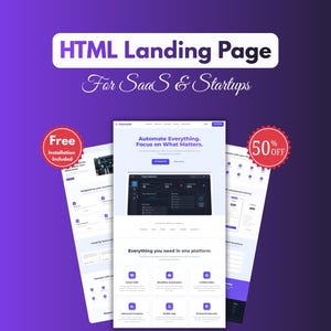 Könnte beinhalten: Ein lila Grafik mit dem Text "HTML Landing Page For SaaS & Startups". Das Bild enthält auch den Text "Automate Everything. Focus on What Matters." und "Everything you need in one platform." Ein roter Kreis sagt "Free Installation Included."