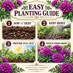 Easy Purple India Marigold planting guide showing seeds sown about one quarter inch deep, gentle watering, full sunlight and healthy young marigold seedlings.