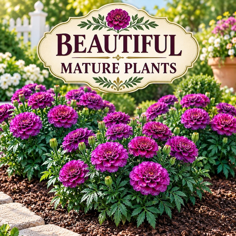 Healthy mature Purple India Marigold plants shown completely from soil level to their dark burgundy flowers above healthy green foliage.