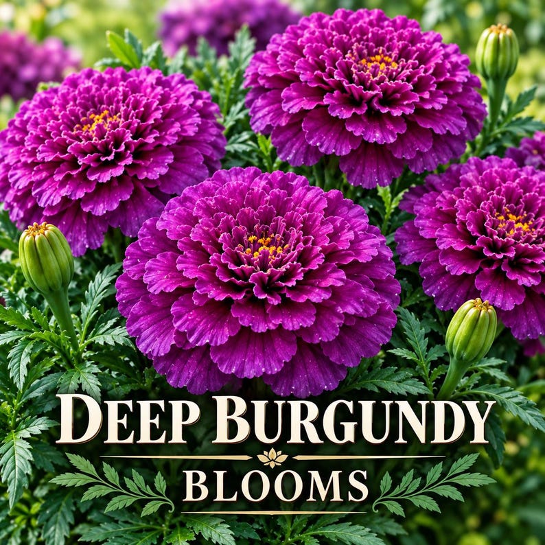 Detailed close-up of Purple India Marigold flowers displaying deep burgundy, plum-red and wine-colored layered petals.