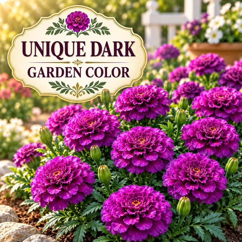 Purple India Marigolds creating a dramatic ornamental display of deep wine, burgundy and plum-colored flowers against lush green foliage.