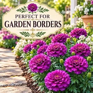 Purple India Marigolds creating a dramatic burgundy and plum flower border beside a sunny natural stone garden pathway.