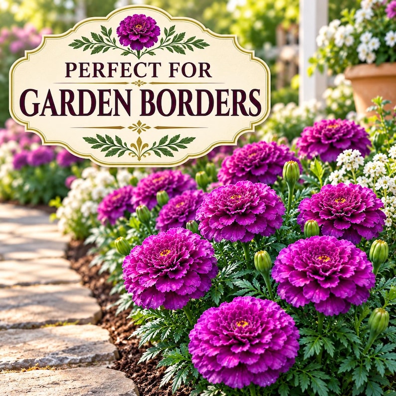 Purple India Marigolds creating a dramatic burgundy and plum flower border beside a sunny natural stone garden pathway.